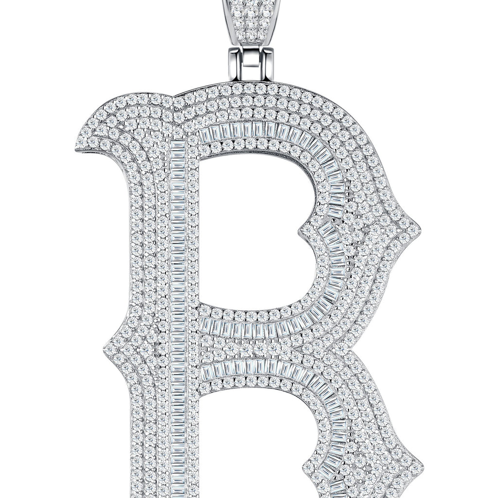 Initial B Moissanite Iced Letter Pendant Necklace in Sterling Silver — detail
