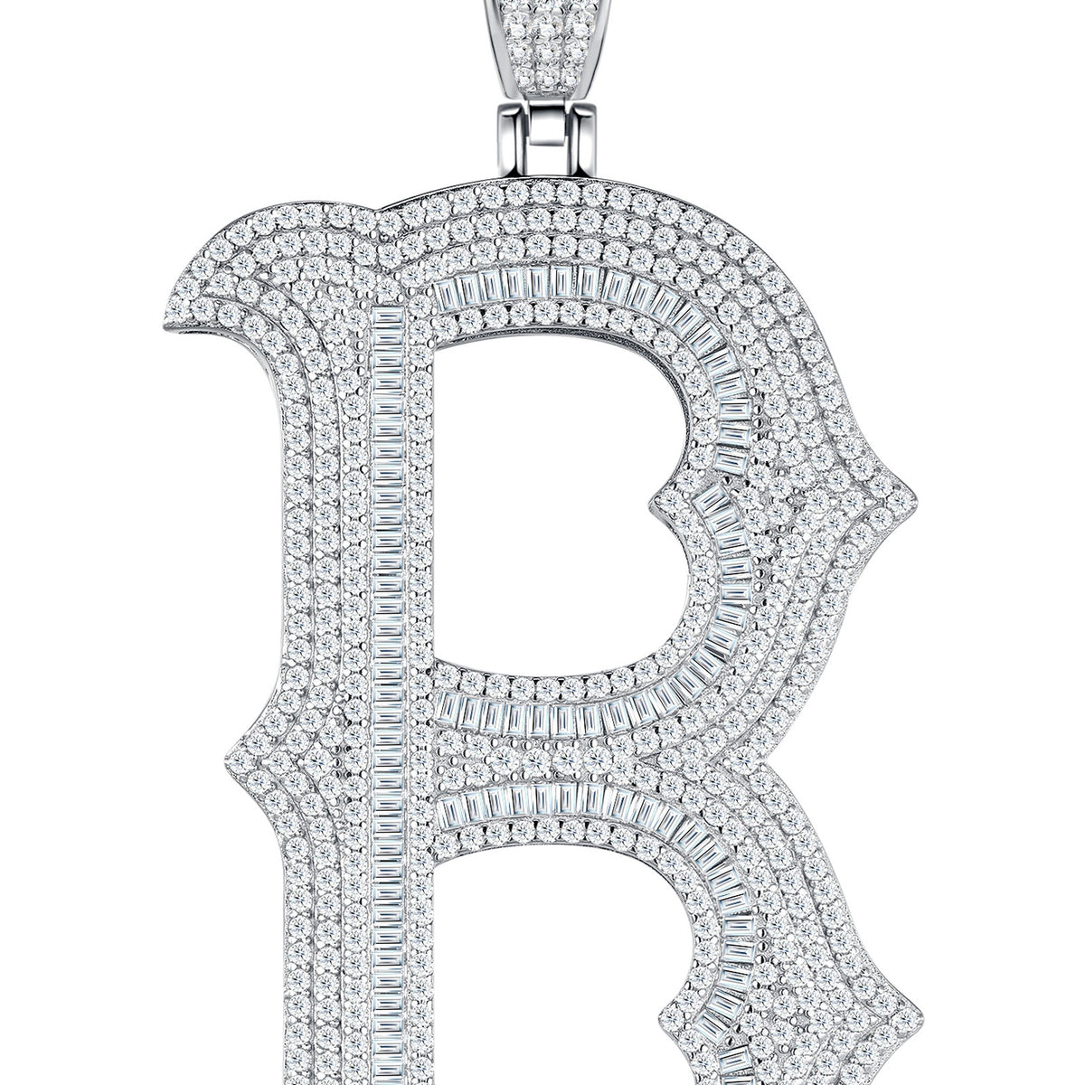 Initial B Moissanite Iced Letter Pendant in Sterling Silver — detail