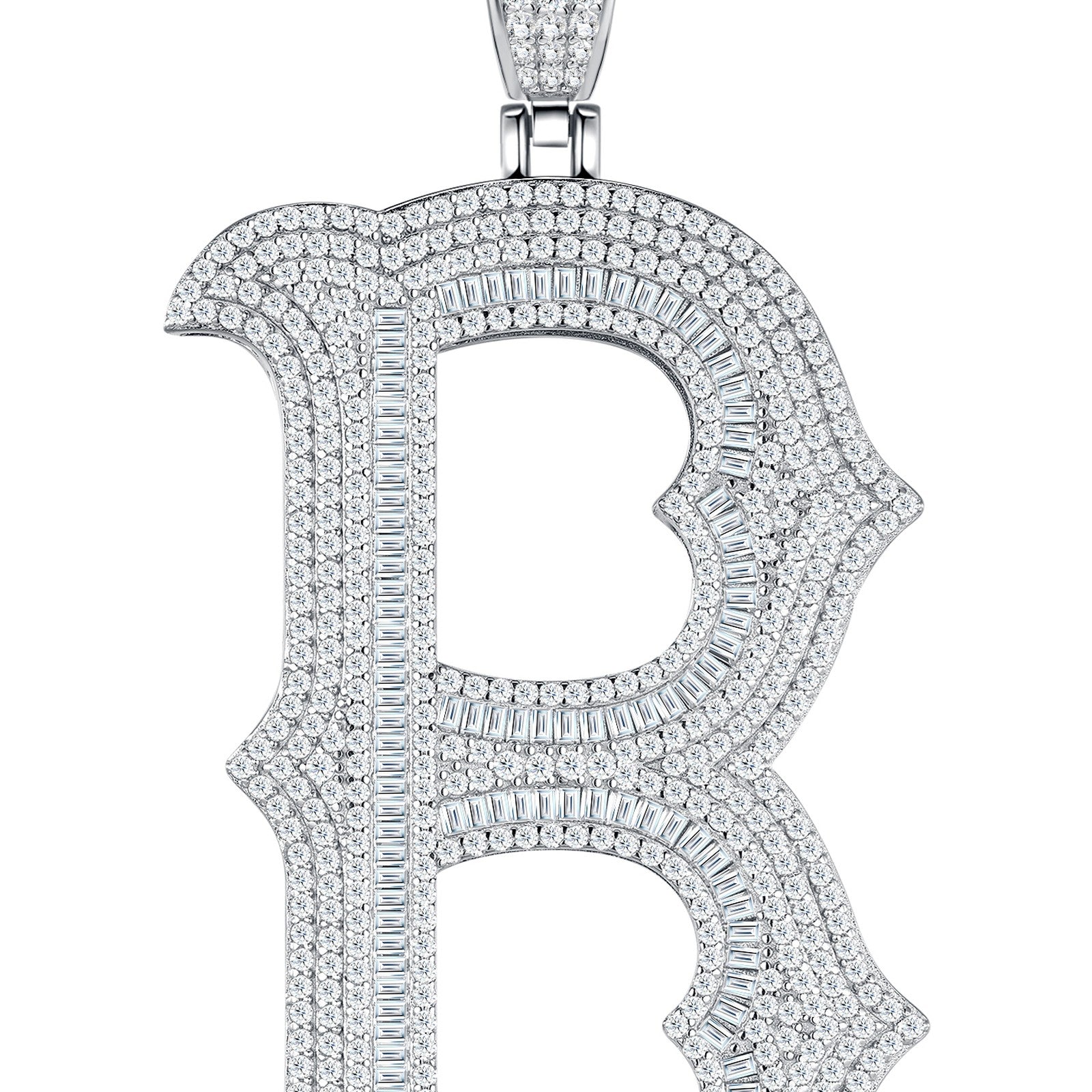 Initial B Moissanite Iced Letter Pendant Necklace in Sterling Silver — detail
