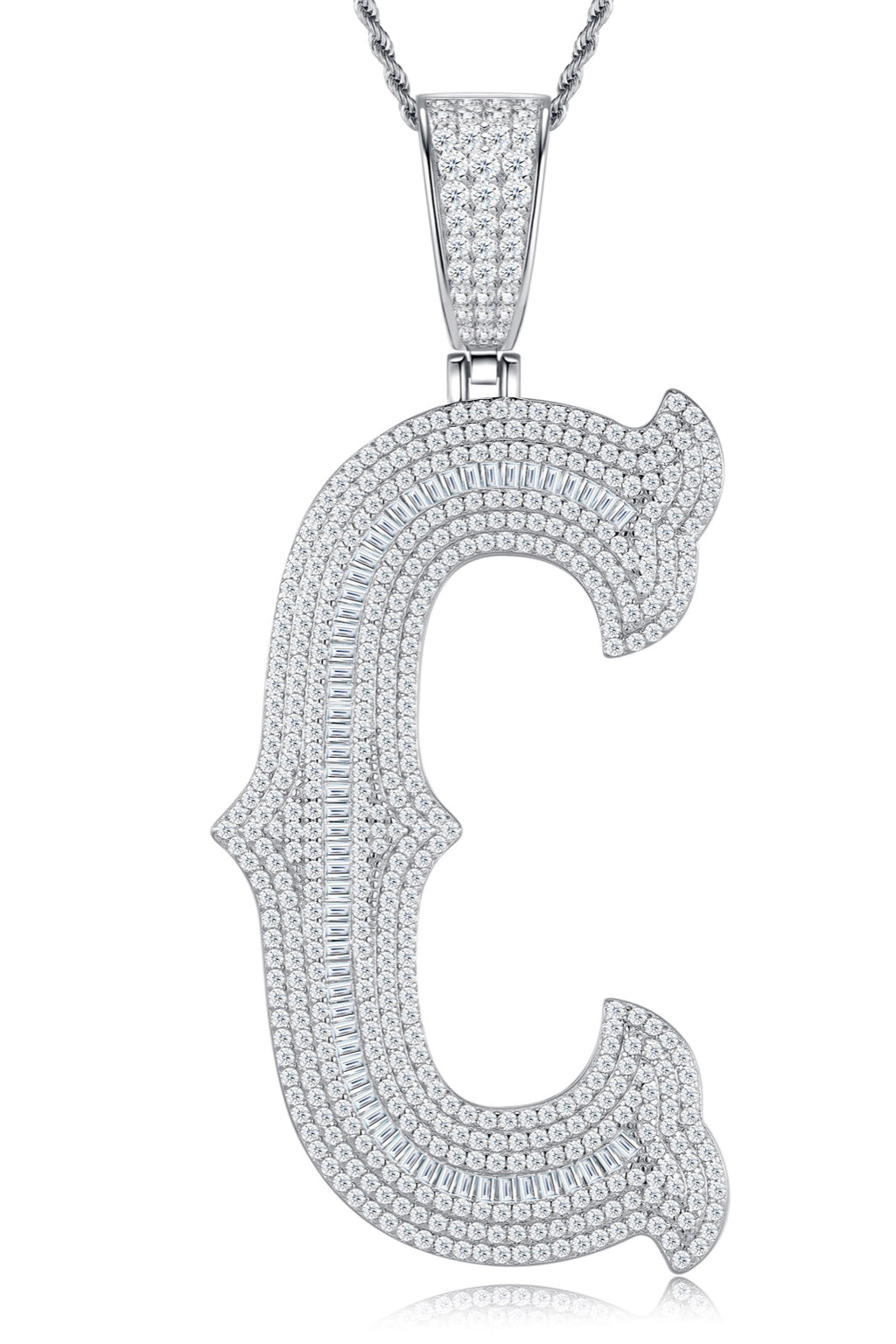 Initial C Moissanite Iced Letter Pendant Necklace in Sterling Silver