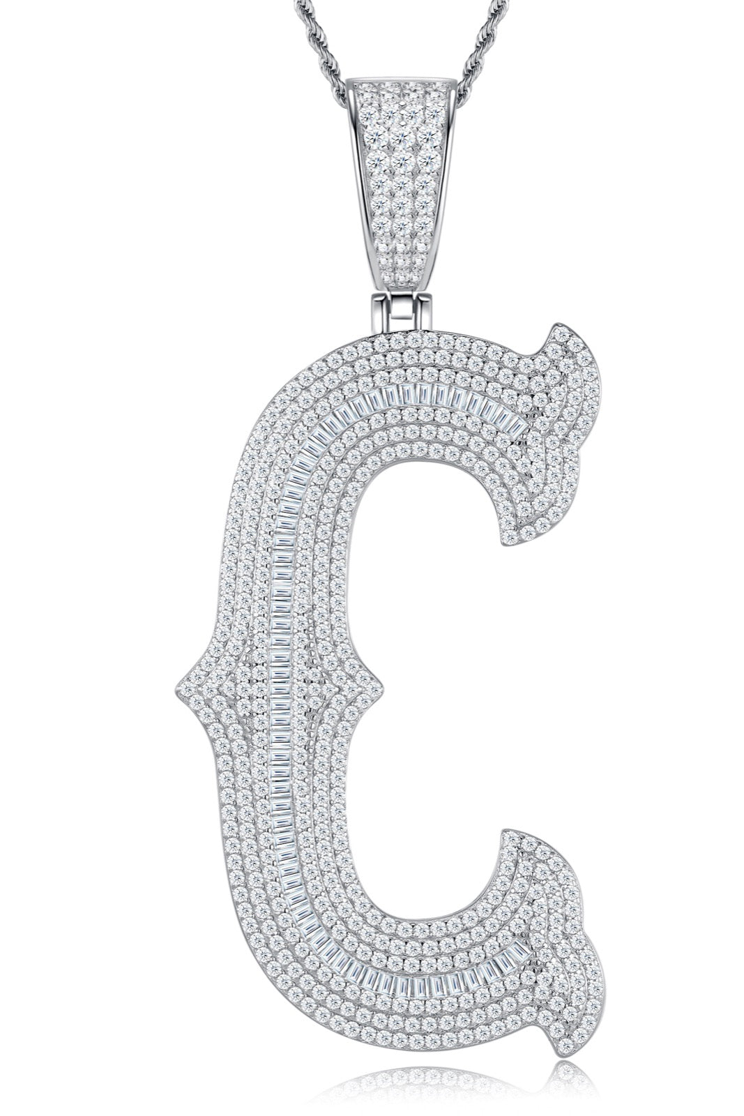 Initial C Moissanite Iced Letter Pendant Necklace in Sterling Silver