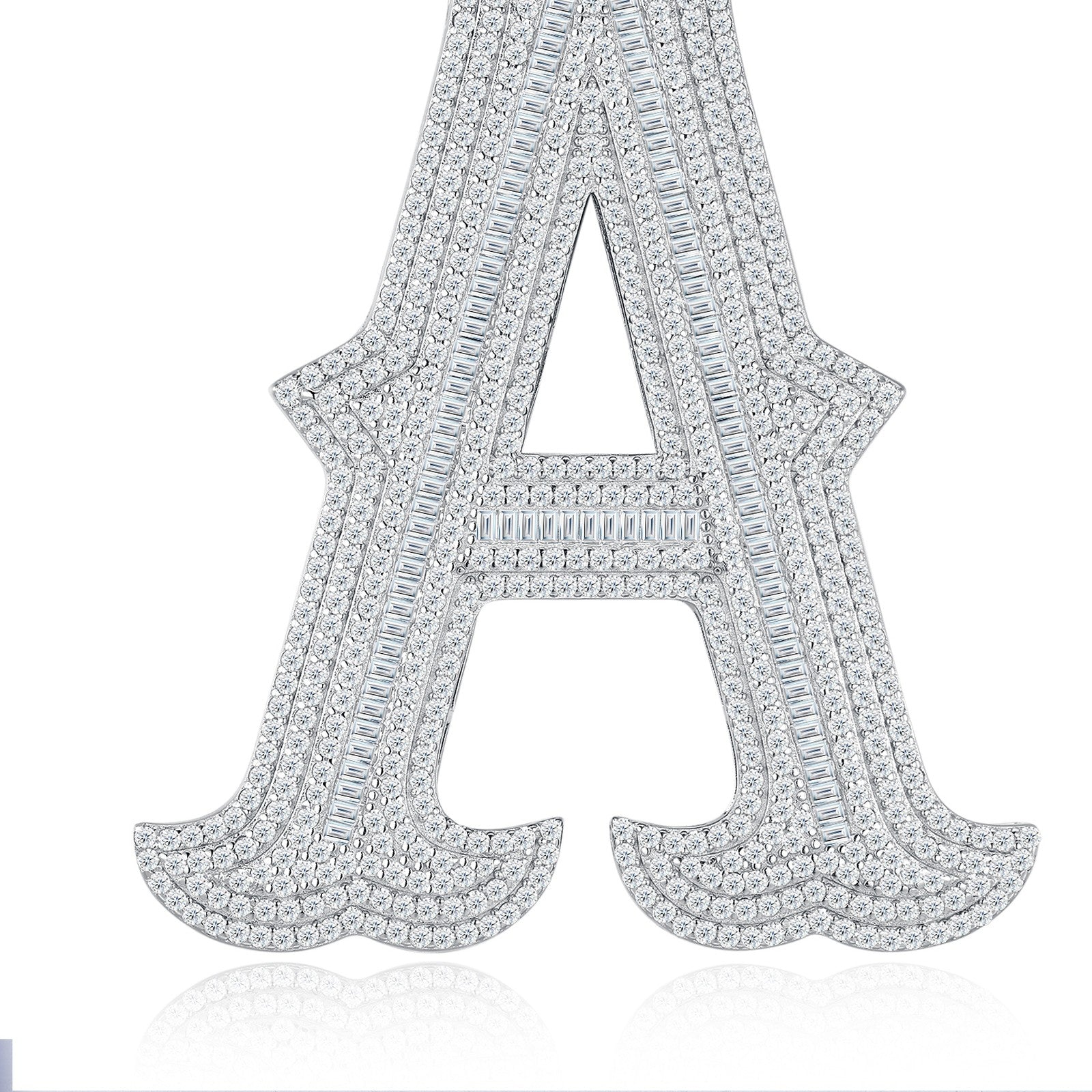 Initial A Moissanite Iced Letter Pendant Necklace in Sterling Silver — detail