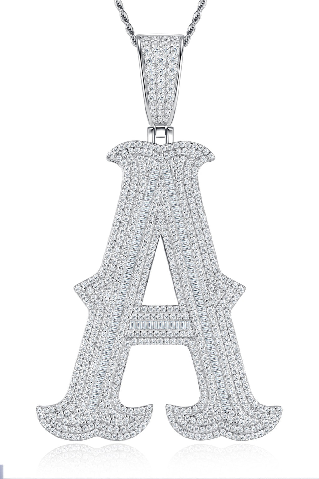 Initial A Moissanite Iced Letter Pendant Necklace in Sterling Silver
