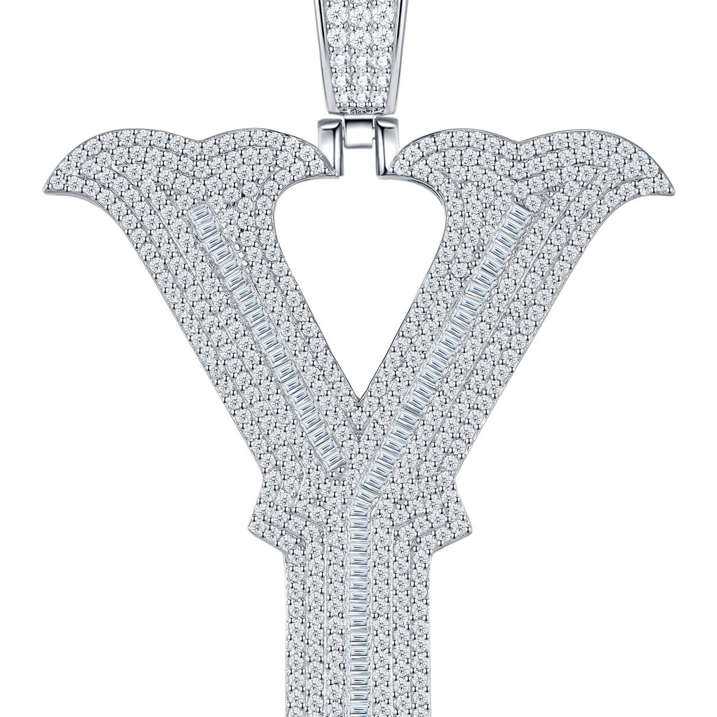Initial Y Moissanite Iced Letter Pendant Necklace in Sterling Silver — detail