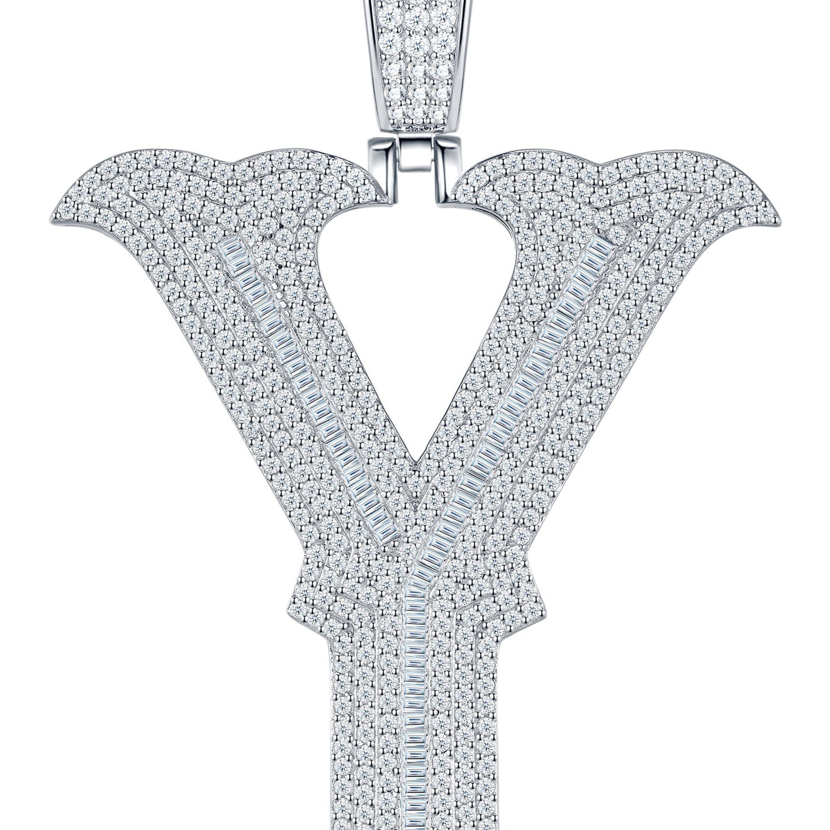 Initial Y Moissanite Iced Letter Pendant in Sterling Silver — detail
