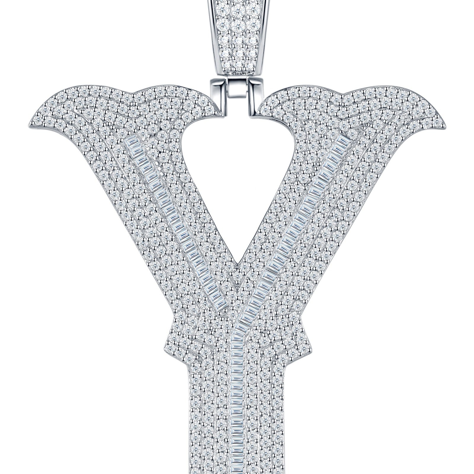 Initial Y Moissanite Iced Letter Pendant Necklace in Sterling Silver — detail