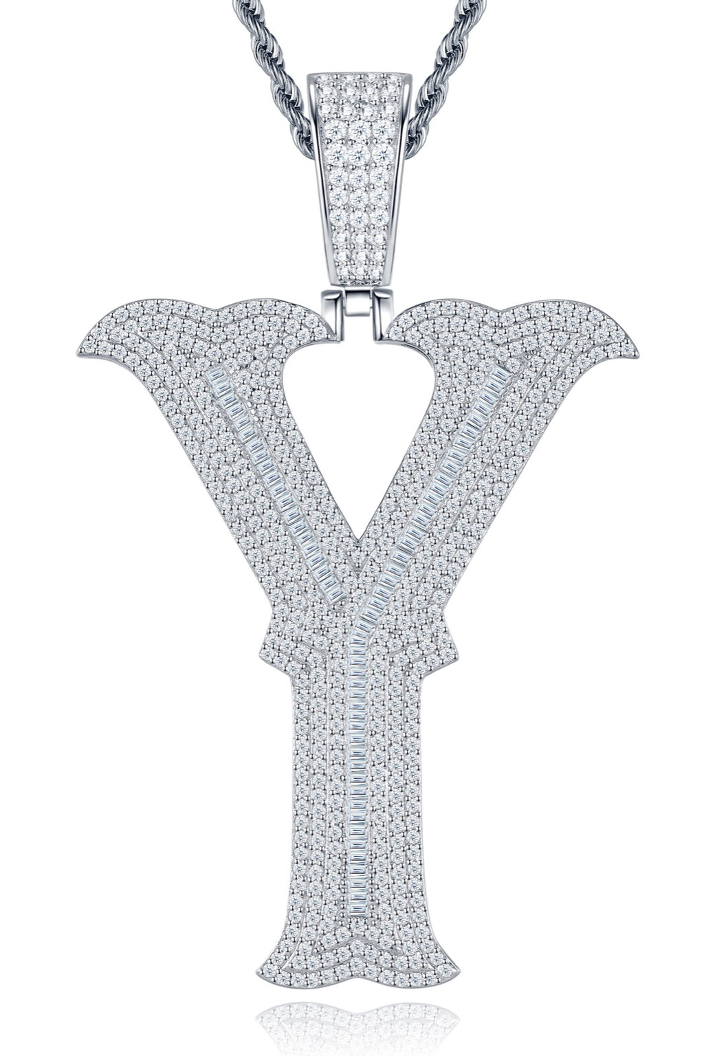 Initial Y Moissanite Iced Letter Pendant Necklace in Sterling Silver