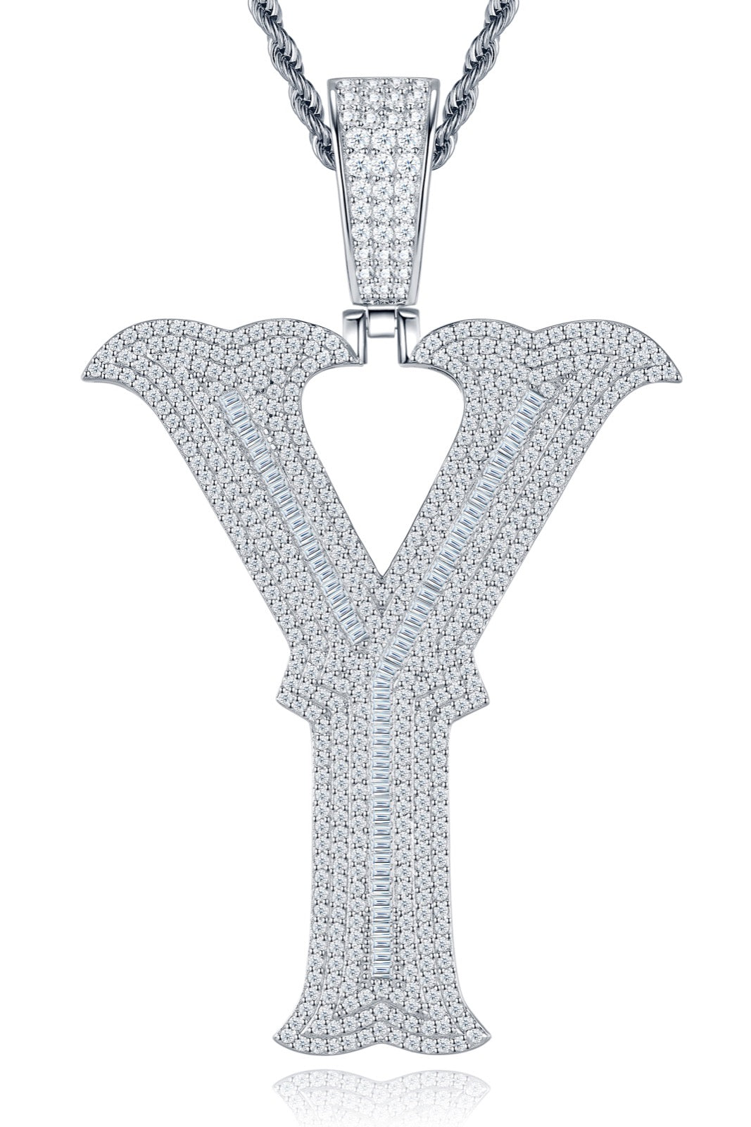 Initial Y Moissanite Iced Letter Pendant Necklace in Sterling Silver