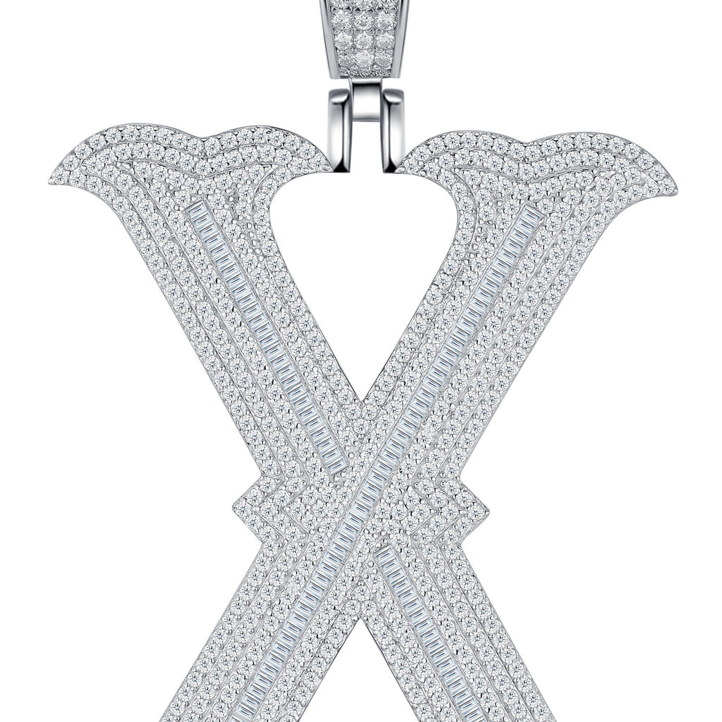 Initial X Moissanite Iced Letter Pendant Necklace in Sterling Silver — detail