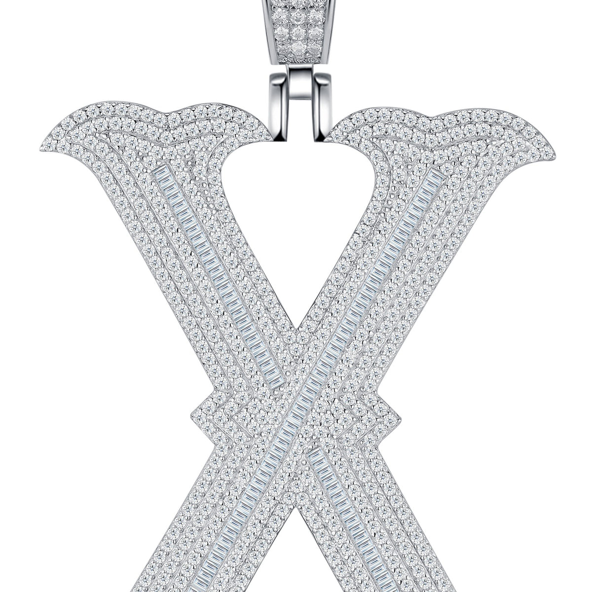 Initial X Moissanite Iced Letter Pendant in Sterling Silver — detail