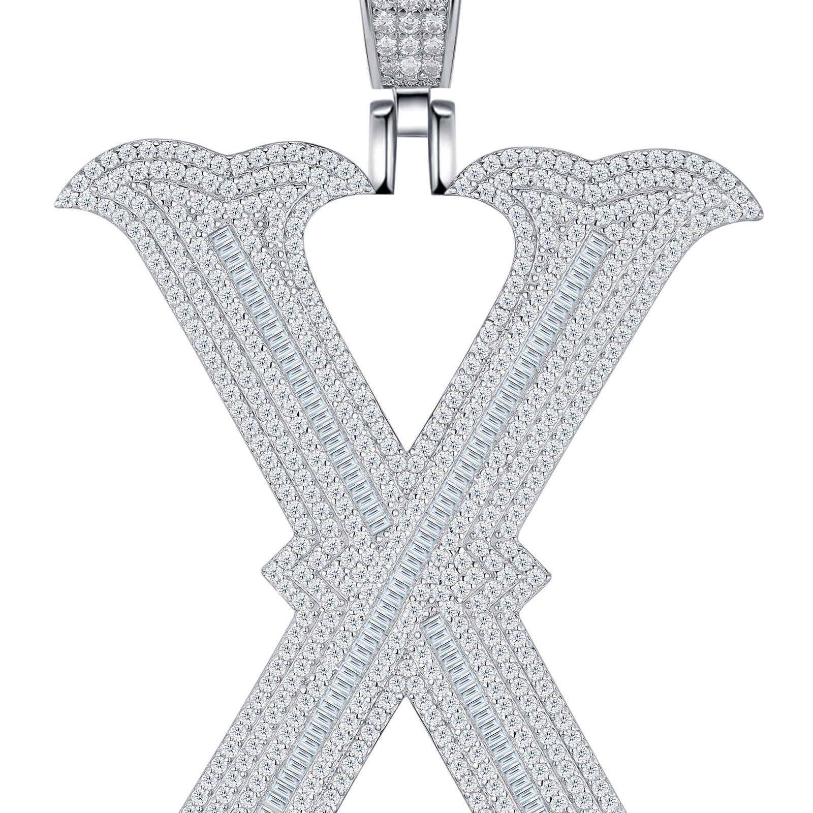Initial X Moissanite Iced Letter Pendant Necklace in Sterling Silver — detail