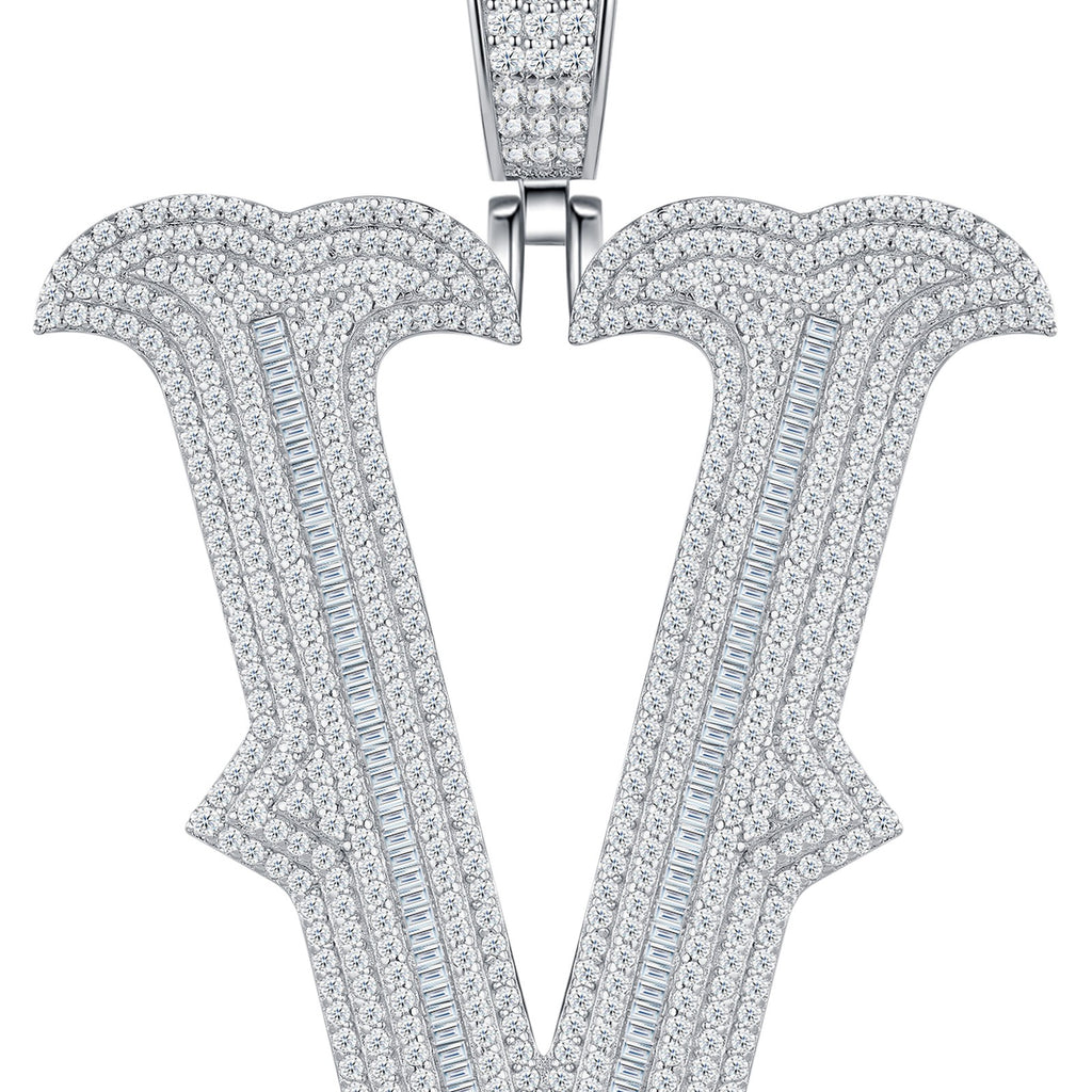 Initial V Moissanite Iced Letter Pendant Necklace in Sterling Silver — detail