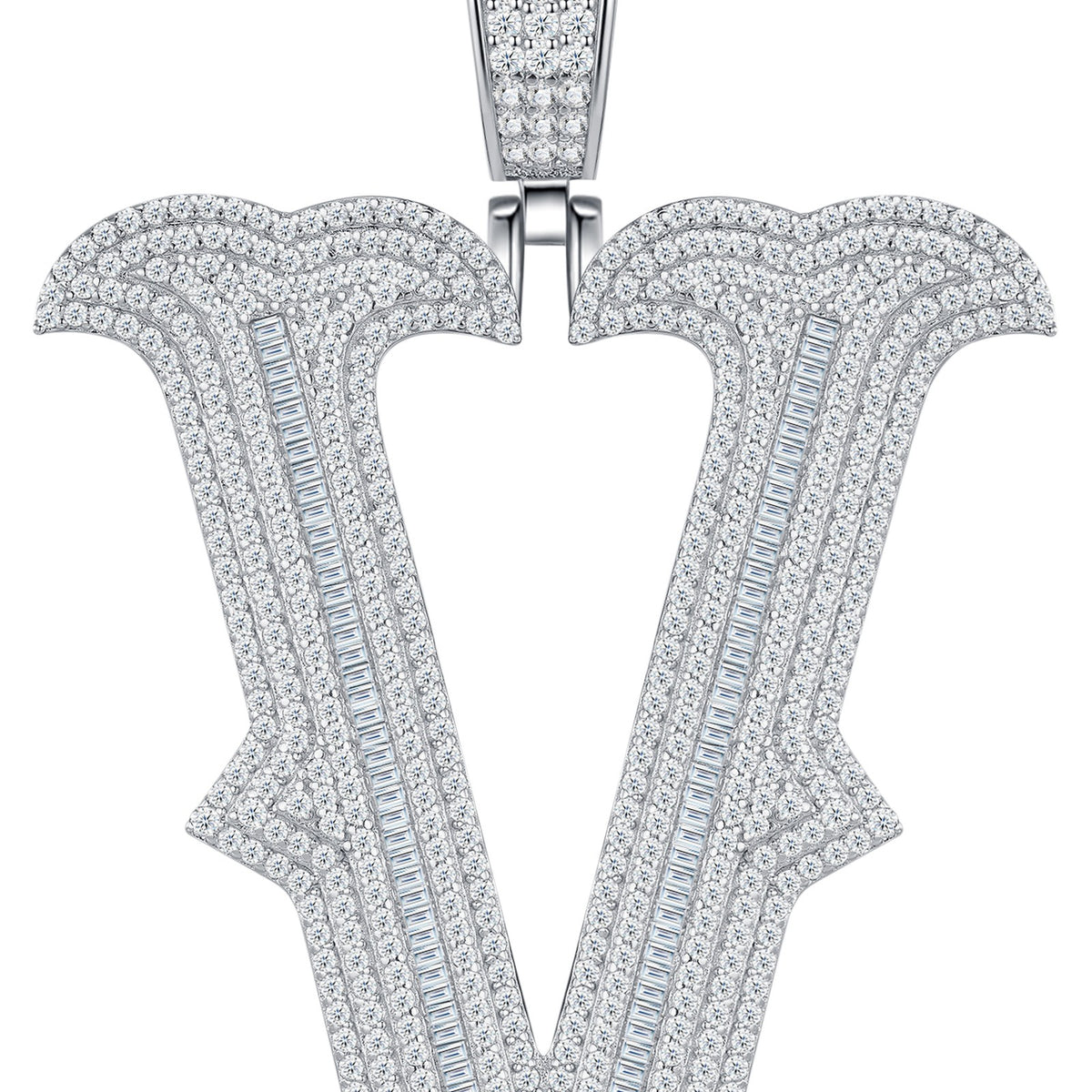 Initial V Moissanite Iced Letter Pendant in Sterling Silver — detail