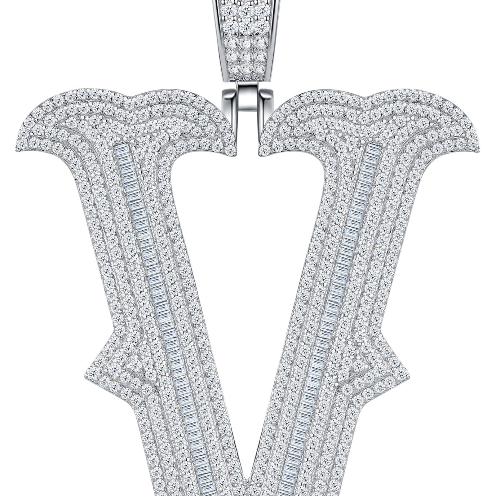 Initial V Moissanite Iced Letter Pendant Necklace in Sterling Silver — detail