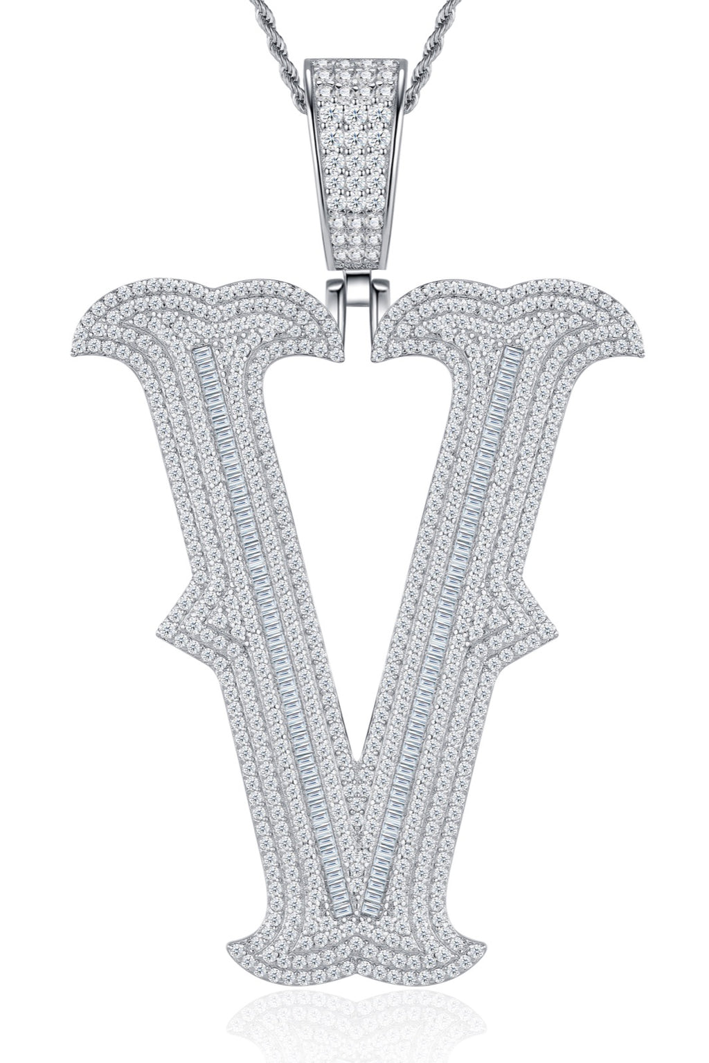 Initial V Moissanite Iced Letter Pendant Necklace in Sterling Silver