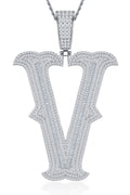 Initial V Moissanite Iced Letter Pendant Necklace in Sterling Silver