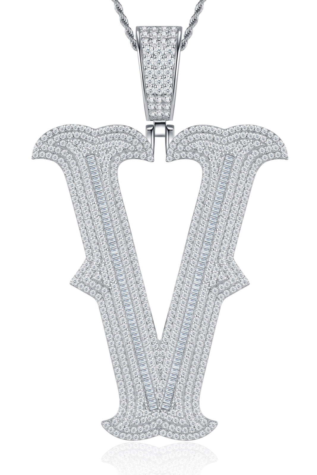 Initial V Moissanite Iced Letter Pendant Necklace in Sterling Silver