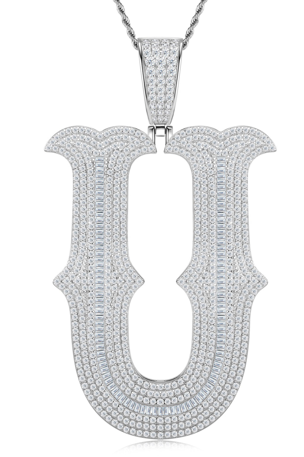 Initial U Moissanite Iced Letter Pendant Necklace in Sterling Silver