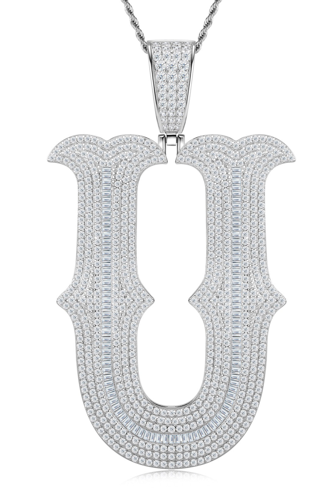 Initial U Moissanite Iced Letter Pendant Necklace in Sterling Silver