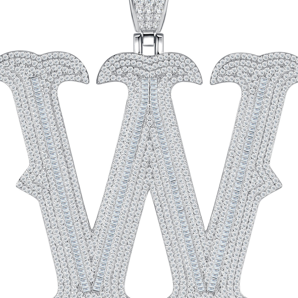 Initial W Moissanite Iced Letter Pendant Necklace in Sterling Silver — detail