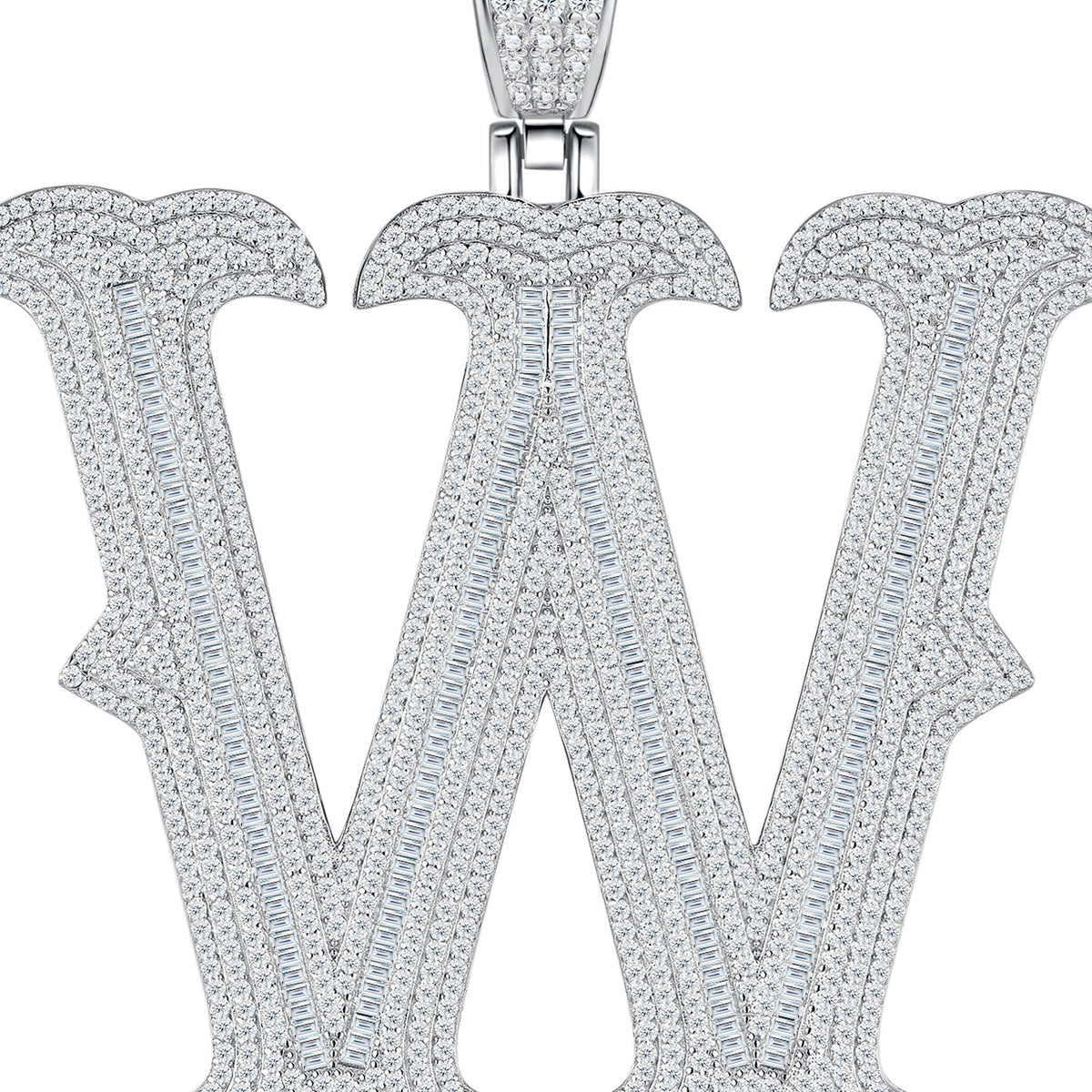Initial W Moissanite Iced Letter Pendant in Sterling Silver — detail