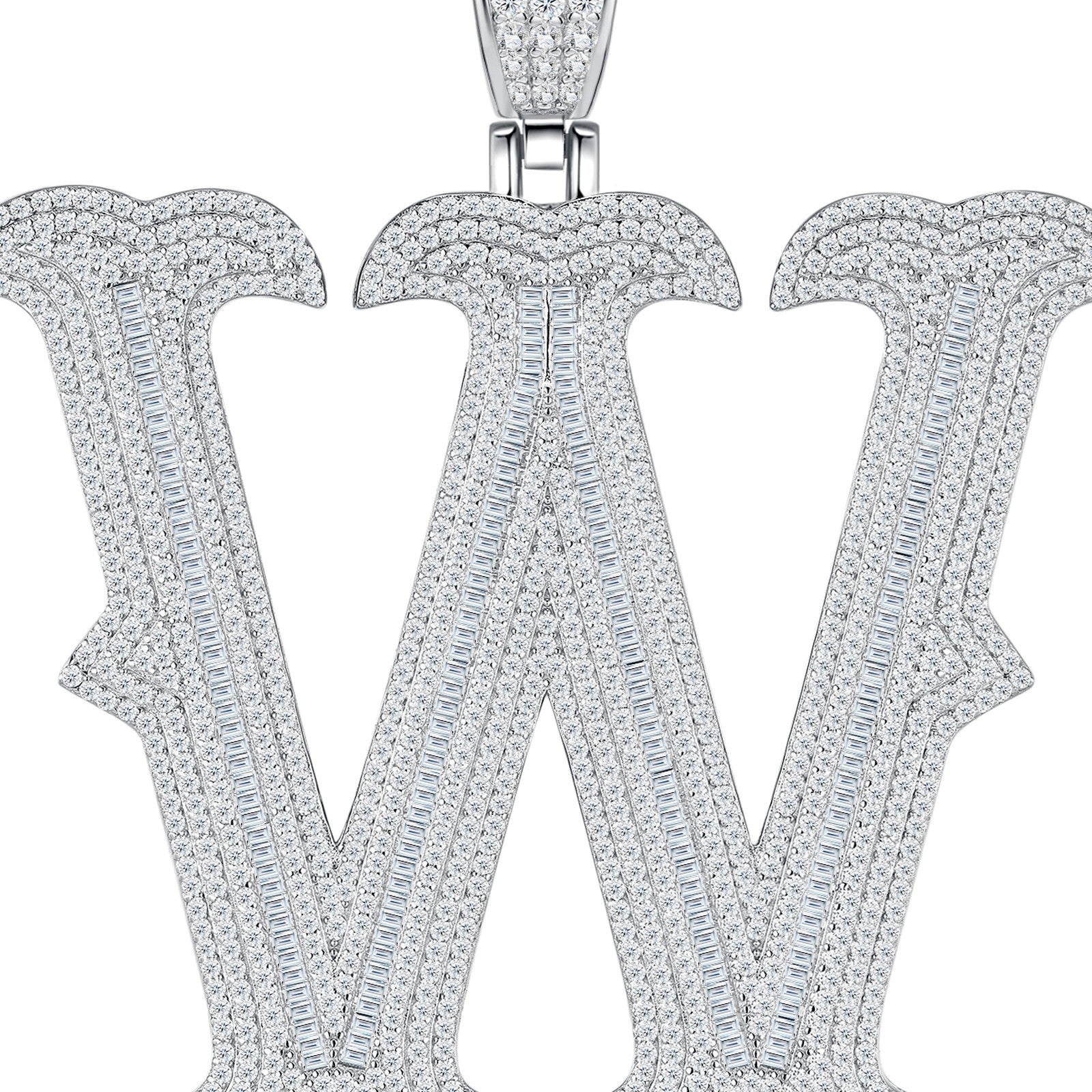 Initial W Moissanite Iced Letter Pendant Necklace in Sterling Silver — detail