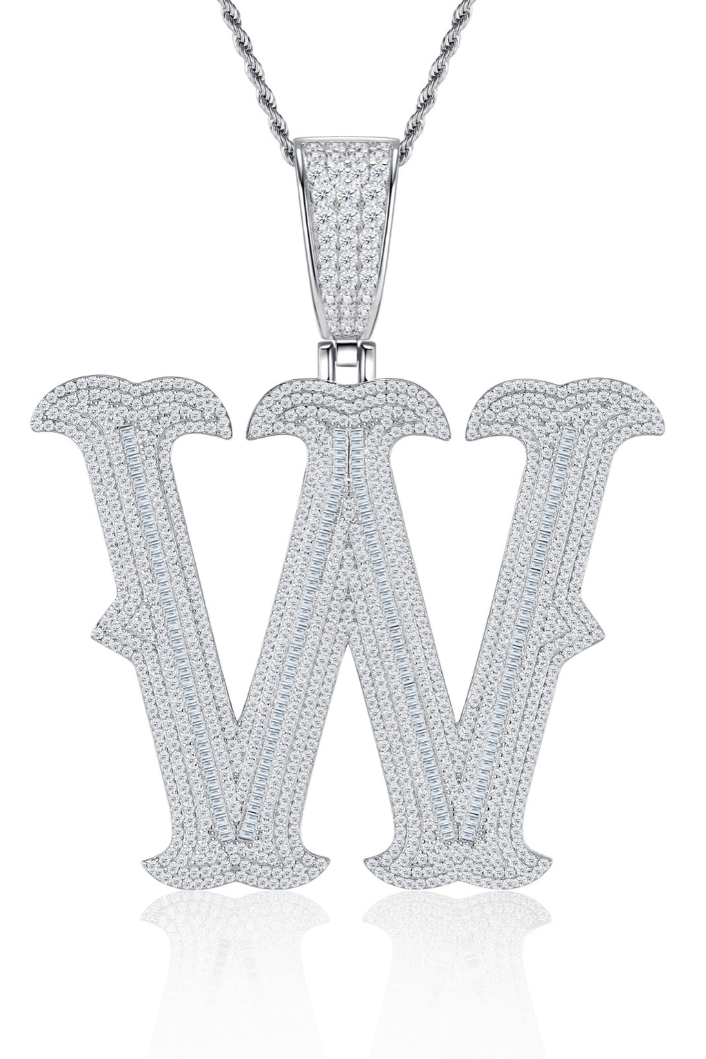 Initial W Moissanite Iced Letter Pendant Necklace in Sterling Silver