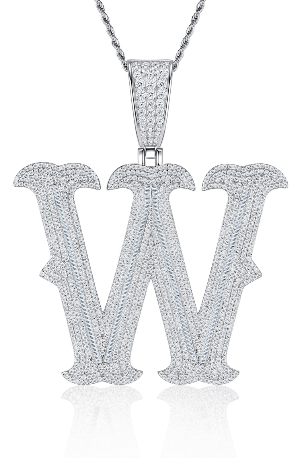 Initial W Moissanite Iced Letter Pendant Necklace in Sterling Silver