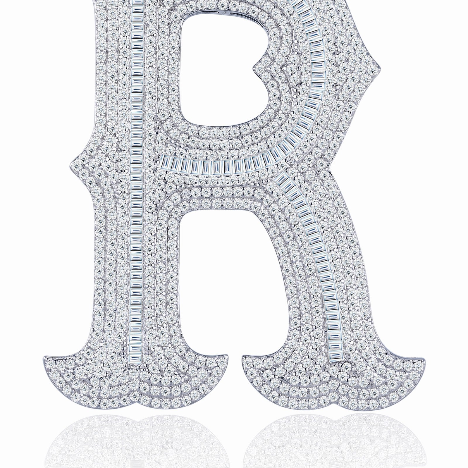 Initial R Moissanite Iced Letter Pendant Necklace in Sterling Silver — detail