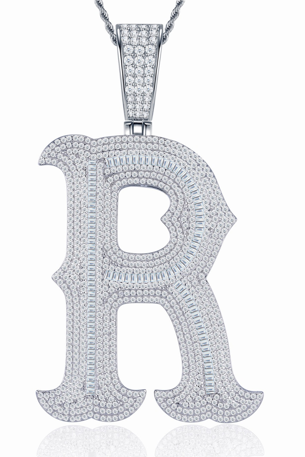 Initial R Moissanite Iced Letter Pendant Necklace in Sterling Silver
