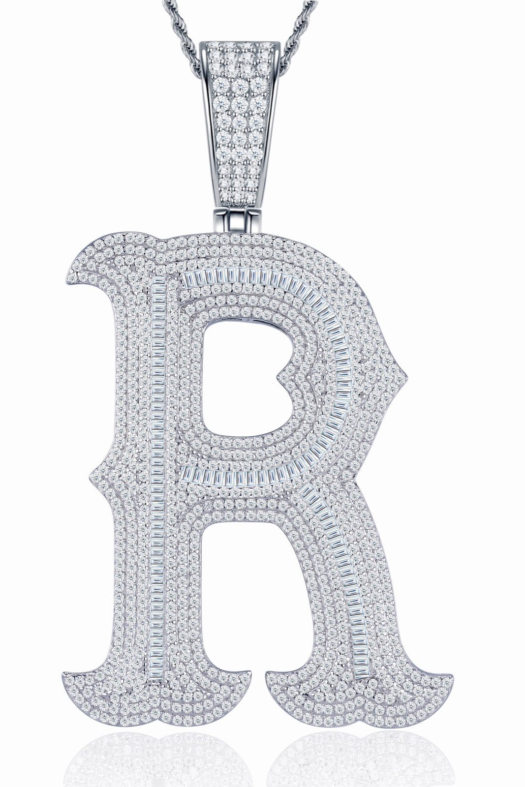 Initial R Moissanite Iced Letter Pendant Necklace in Sterling Silver