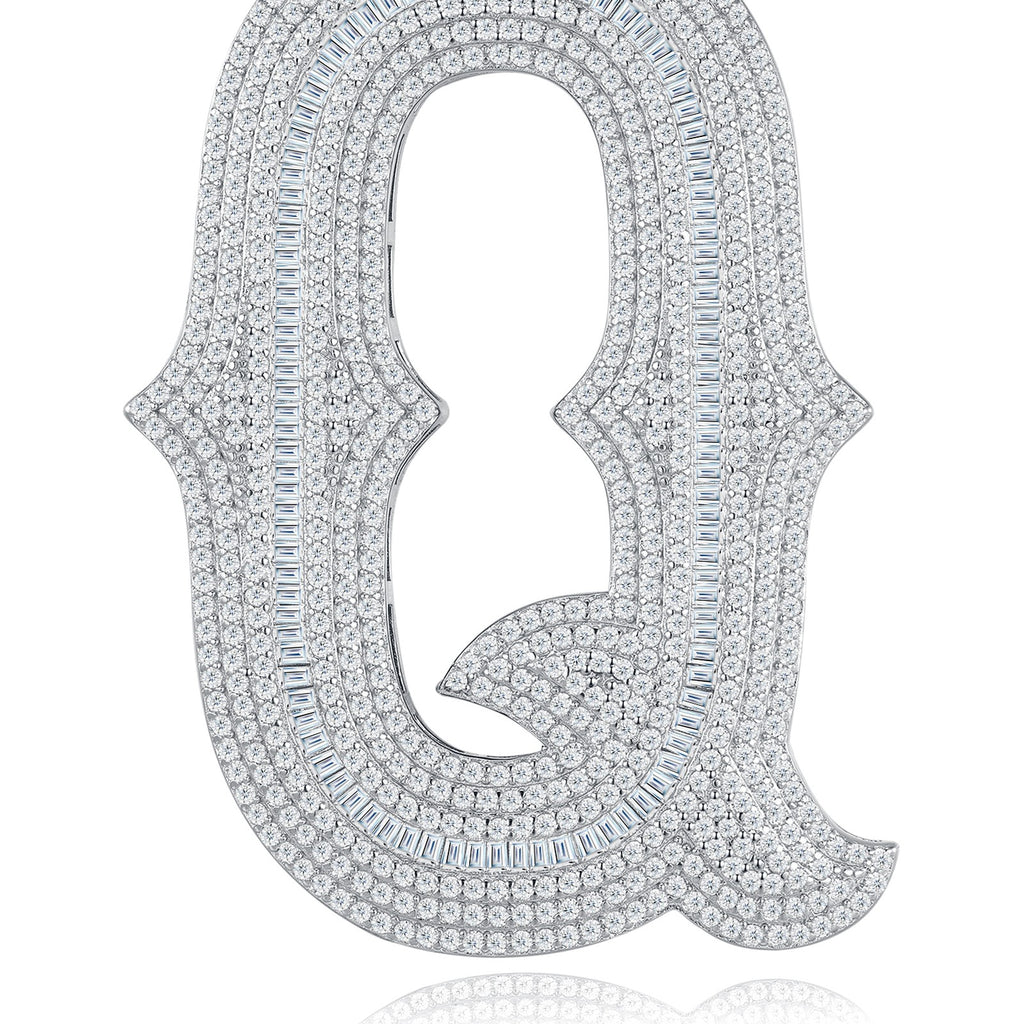 Initial Q Moissanite Iced Letter Pendant Necklace in Sterling Silver — detail