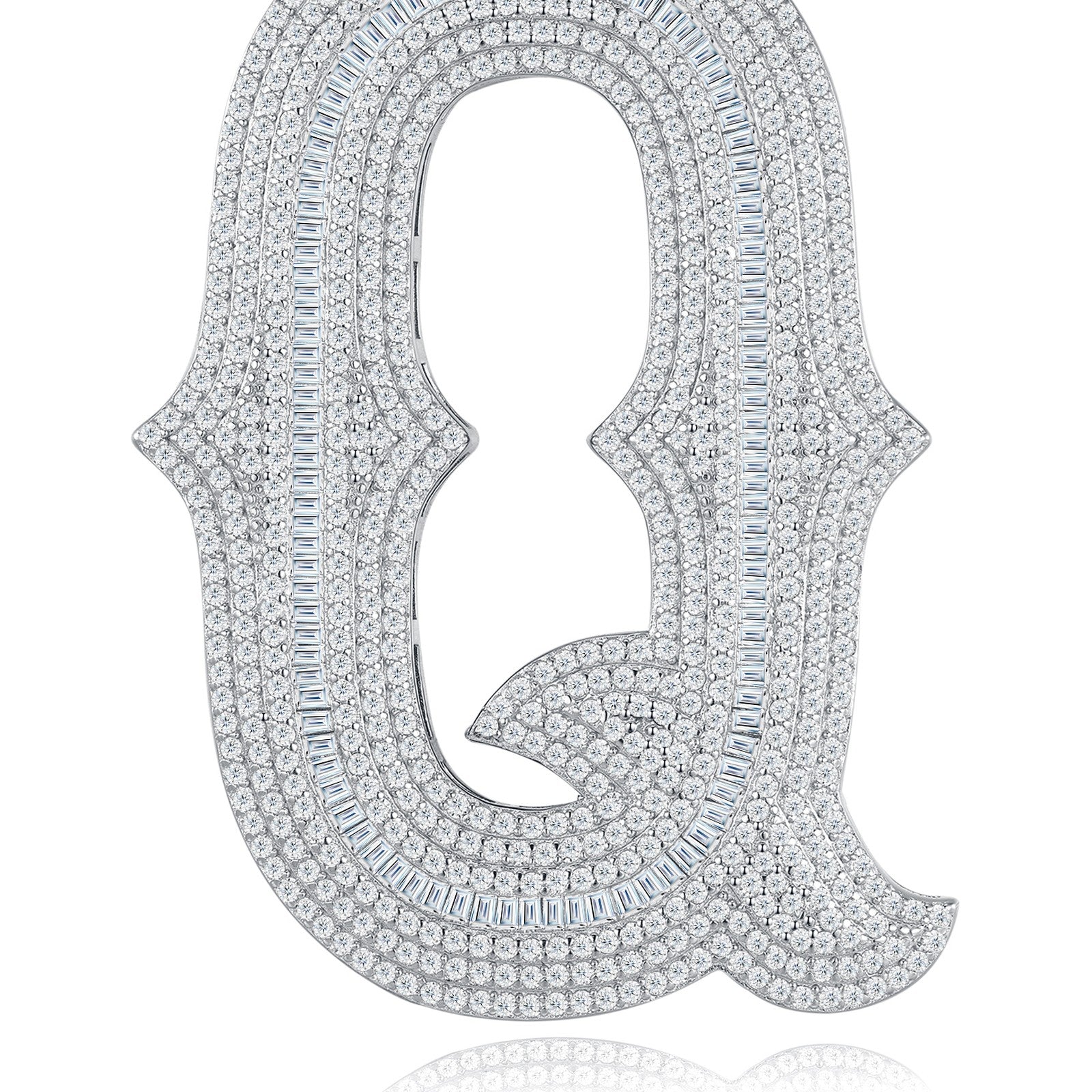 Initial Q Moissanite Iced Letter Pendant Necklace in Sterling Silver — detail