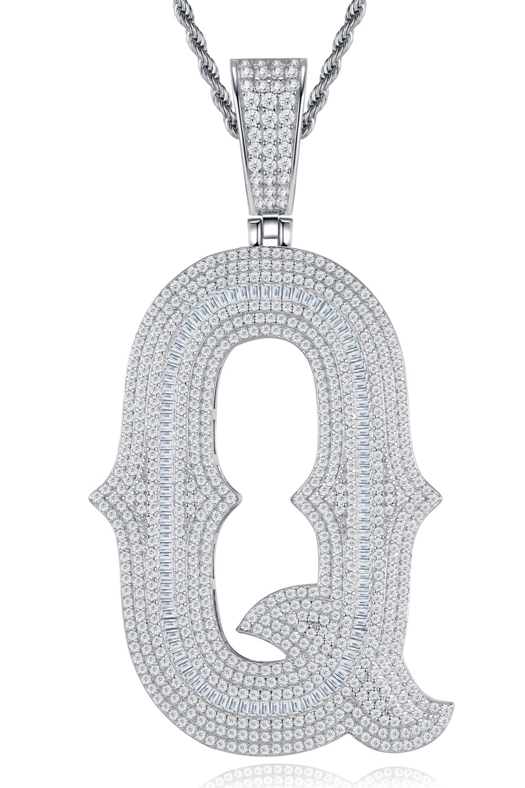 Initial Q Moissanite Iced Letter Pendant Necklace in Sterling Silver