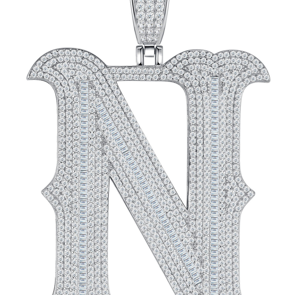 Initial N Moissanite Iced Letter Pendant Necklace in Sterling Silver — detail