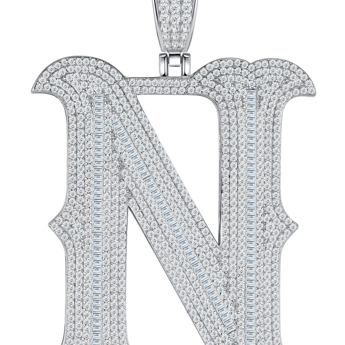 Initial N Moissanite Iced Letter Pendant in Sterling Silver — detail