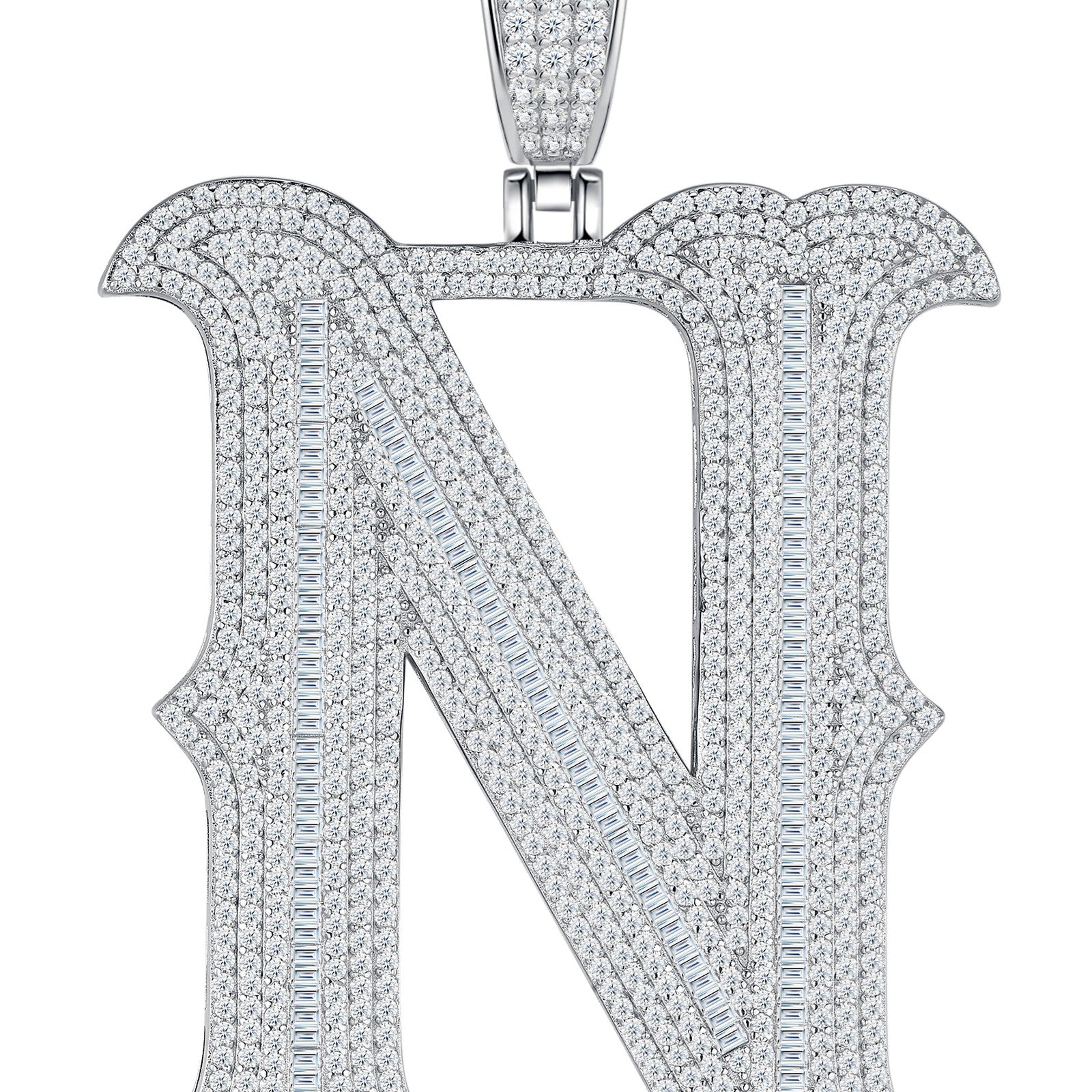 Initial N Moissanite Iced Letter Pendant Necklace in Sterling Silver — detail