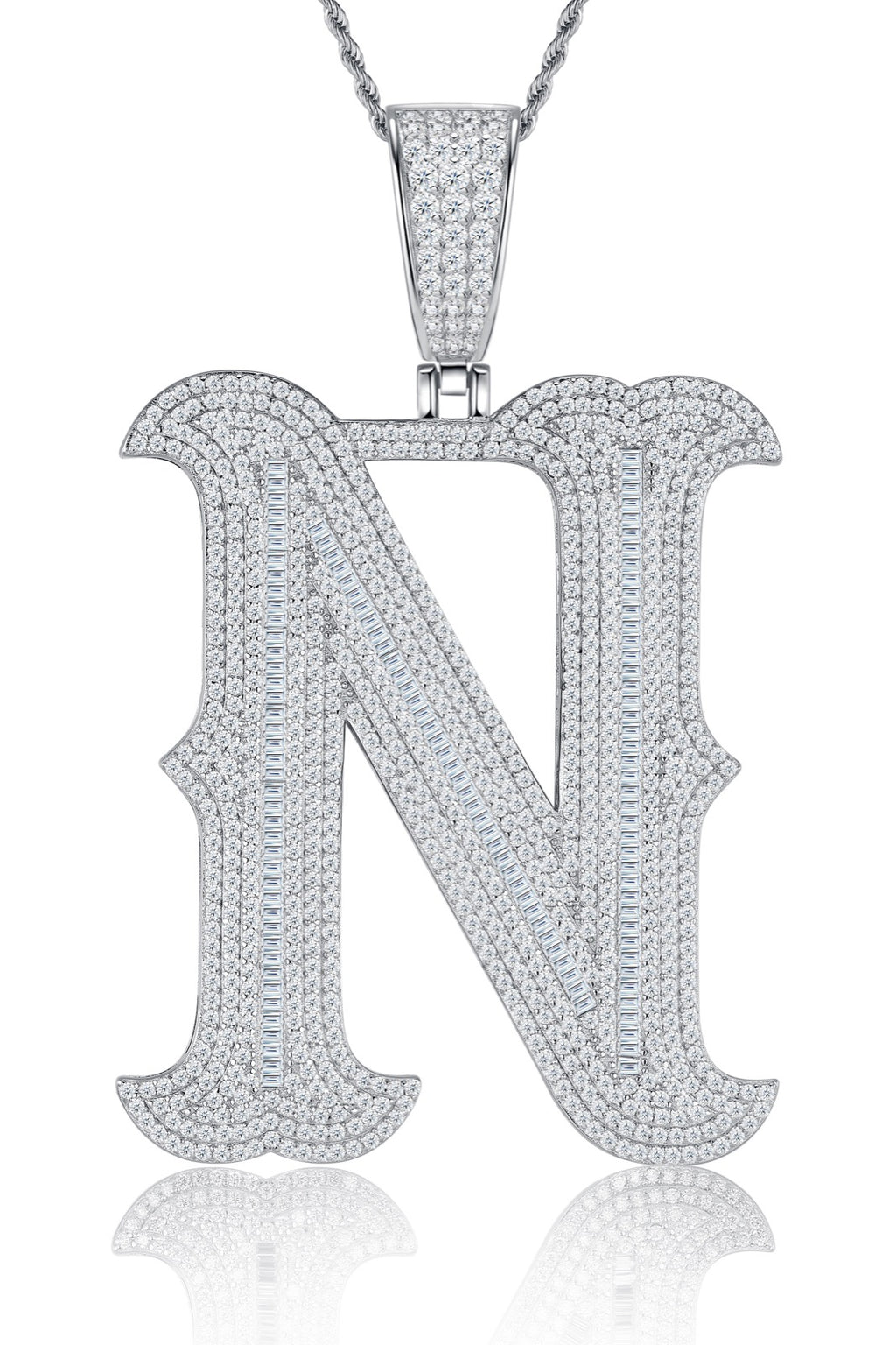 Initial N Moissanite Iced Letter Pendant Necklace in Sterling Silver