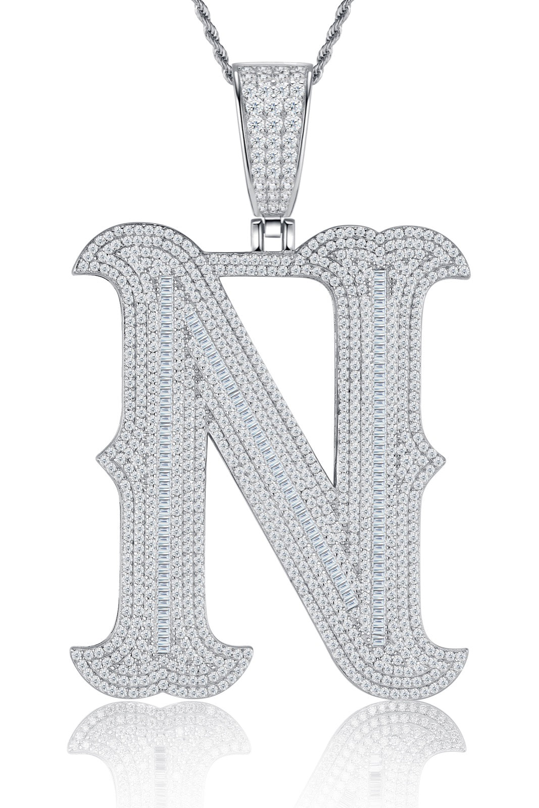 Initial N Moissanite Iced Letter Pendant Necklace in Sterling Silver