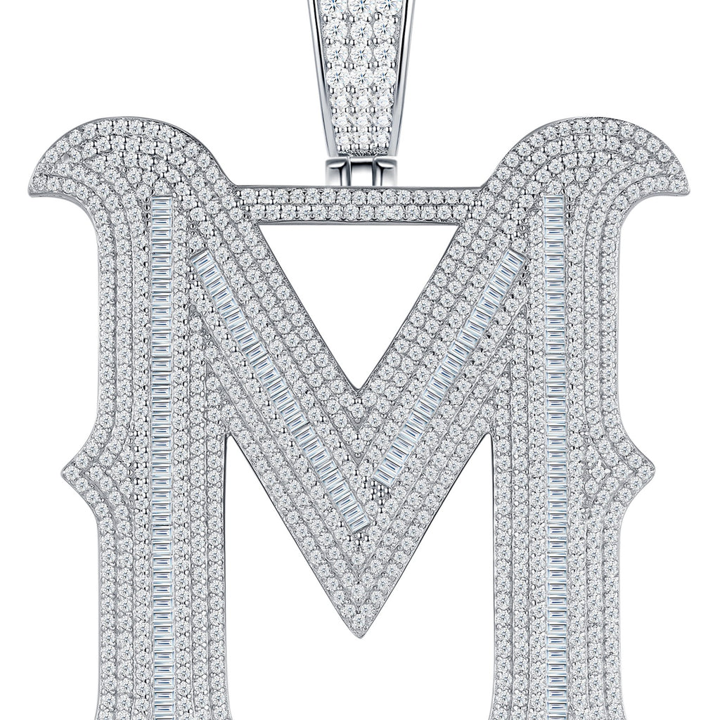 Initial M Moissanite Iced Letter Pendant Necklace in Sterling Silver — detail