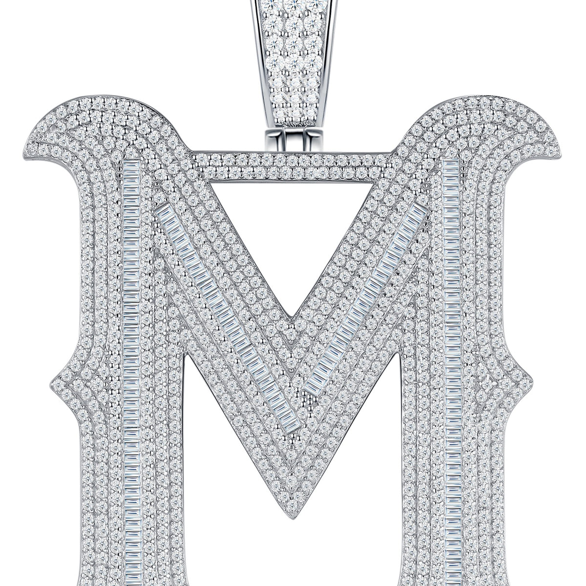 Initial M Moissanite Iced Letter Pendant in Sterling Silver — detail