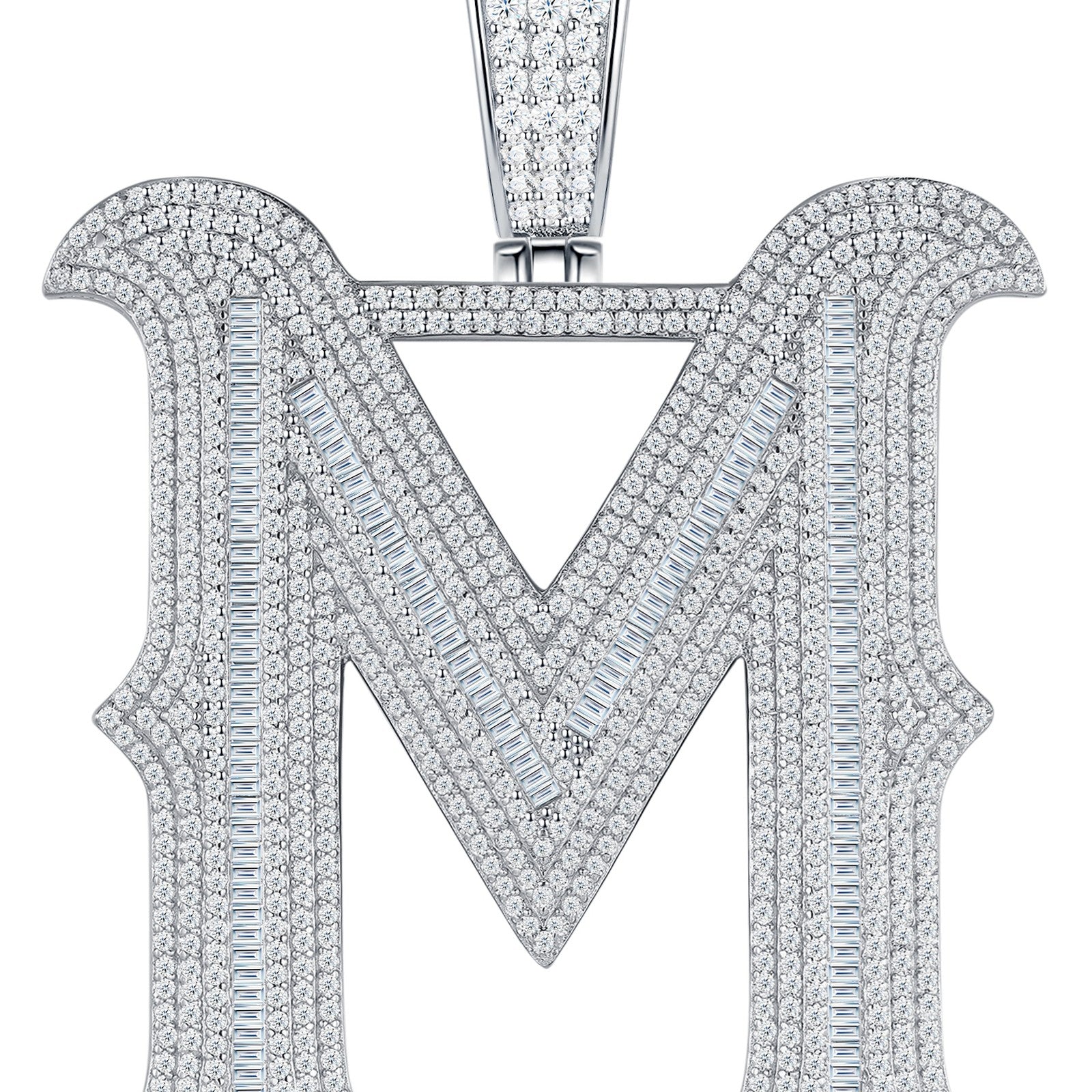 Initial M Moissanite Iced Letter Pendant Necklace in Sterling Silver — detail