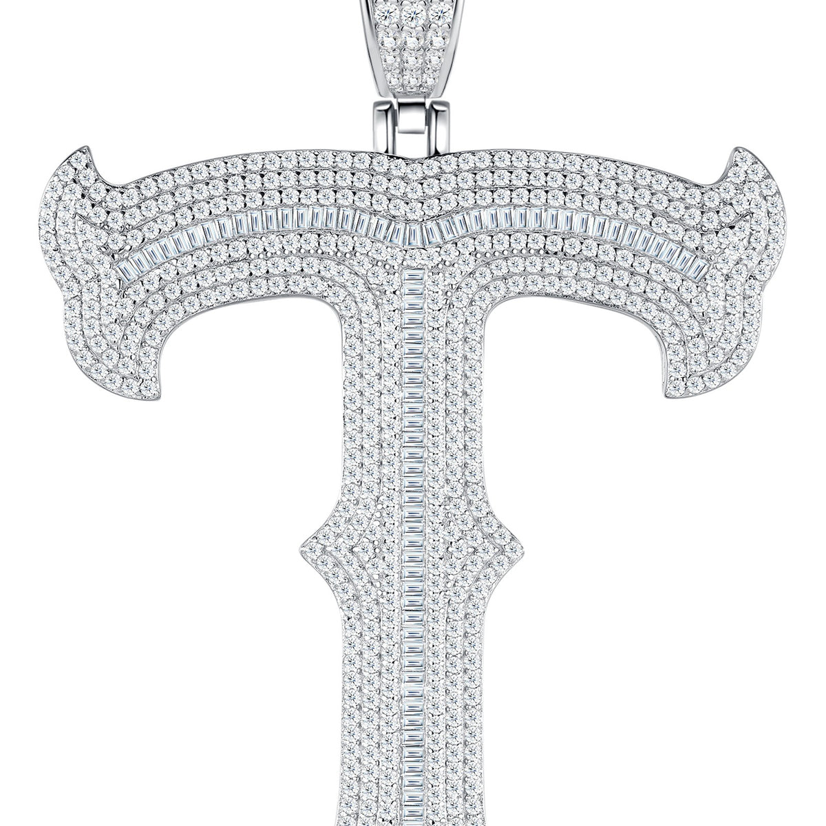 Initial T Moissanite Iced Letter Pendant in Sterling Silver — detail