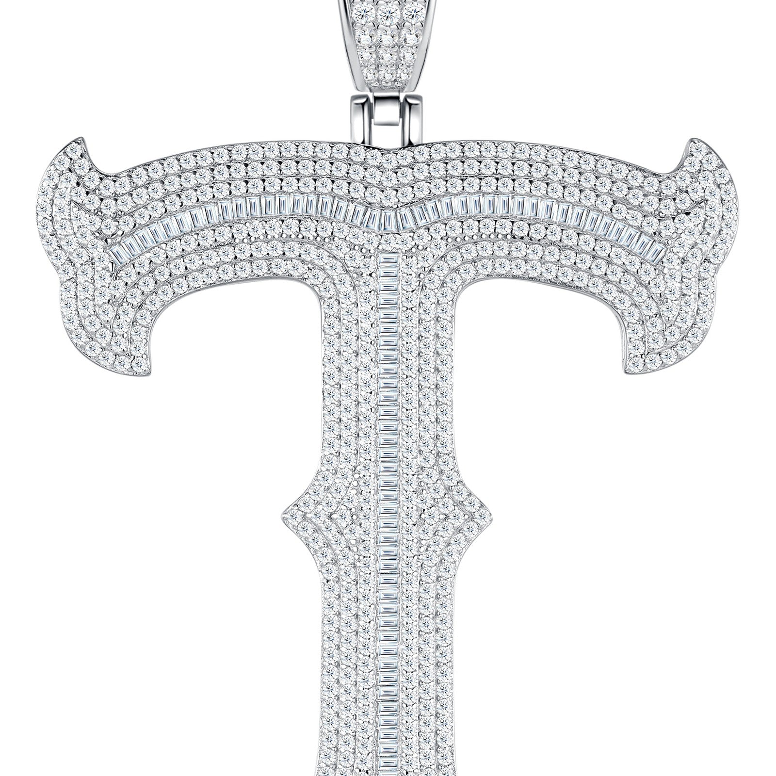 Initial T Moissanite Iced Letter Pendant Necklace in Sterling Silver — detail