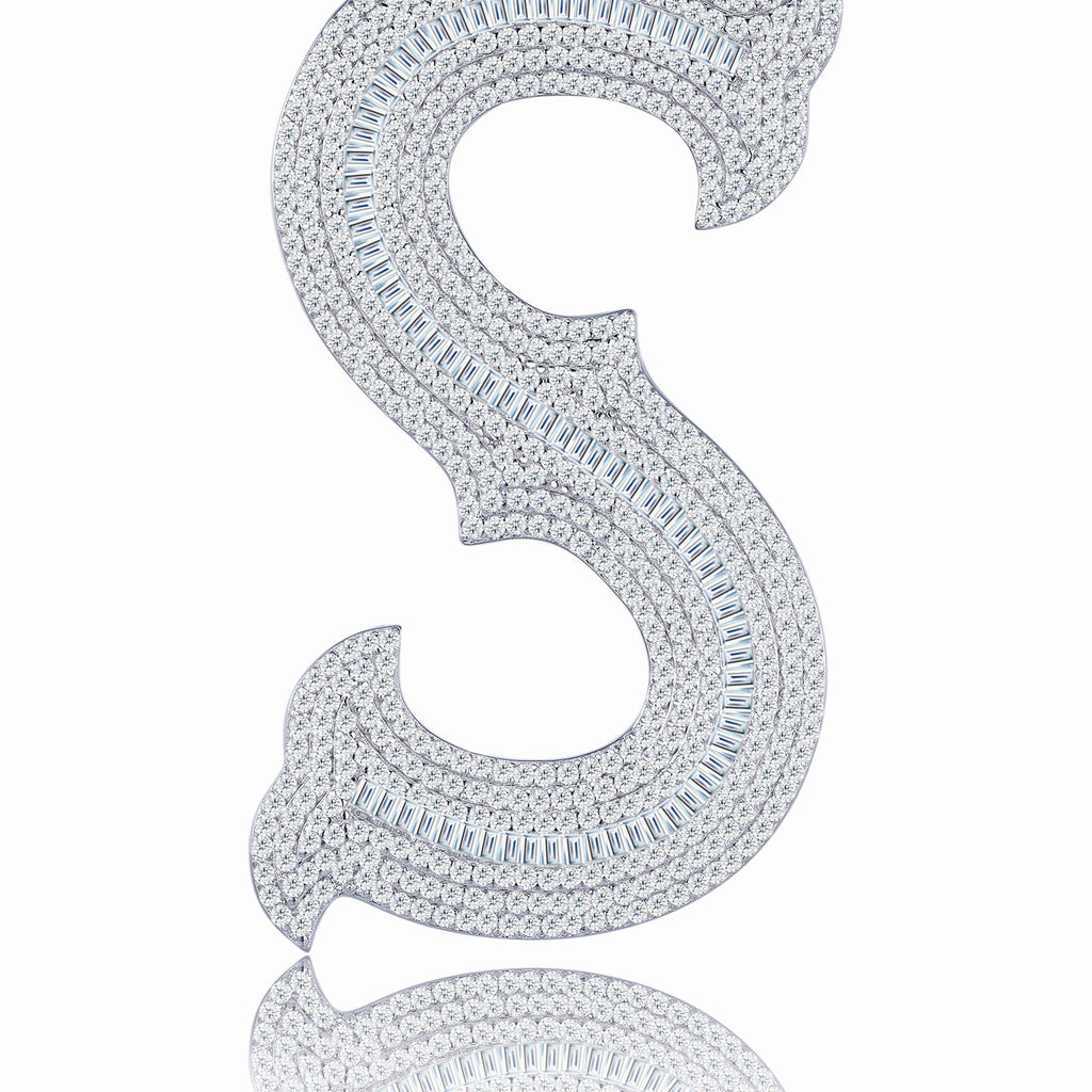 Initial S Moissanite Iced Letter Pendant Necklace in Sterling Silver — detail