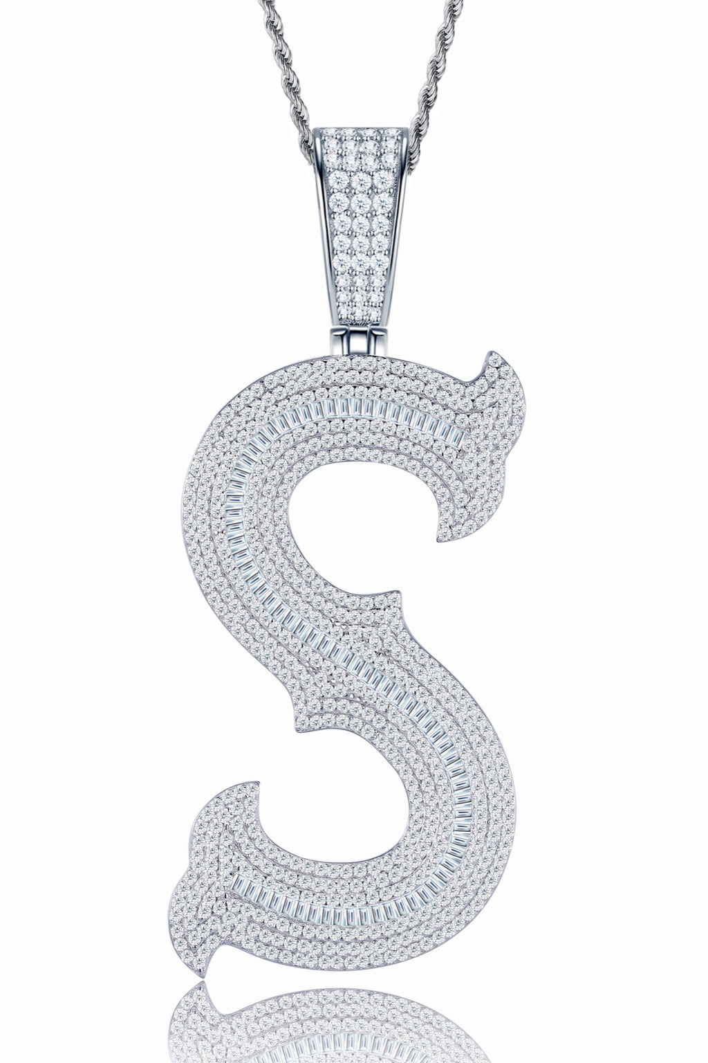 Initial S Moissanite Iced Letter Pendant Necklace in Sterling Silver