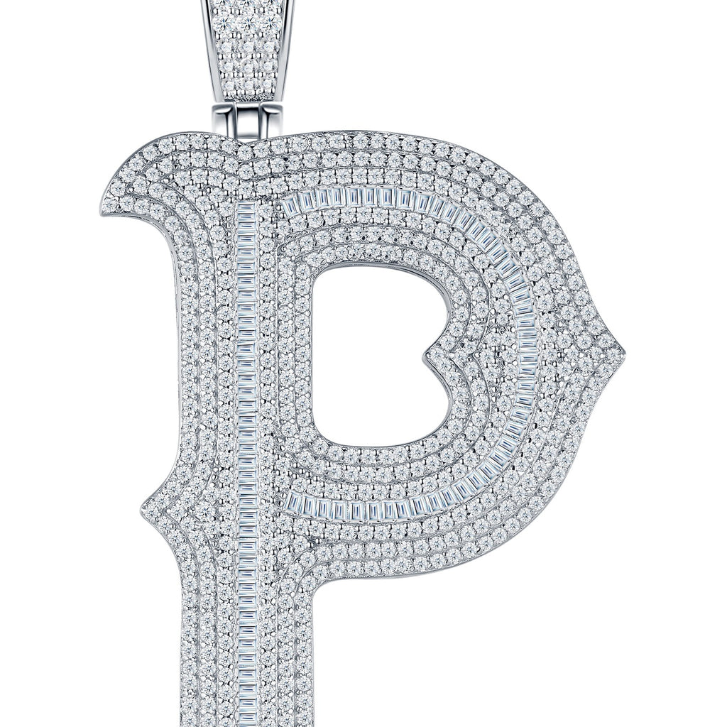 Initial P Moissanite Iced Letter Pendant Necklace in Sterling Silver — detail