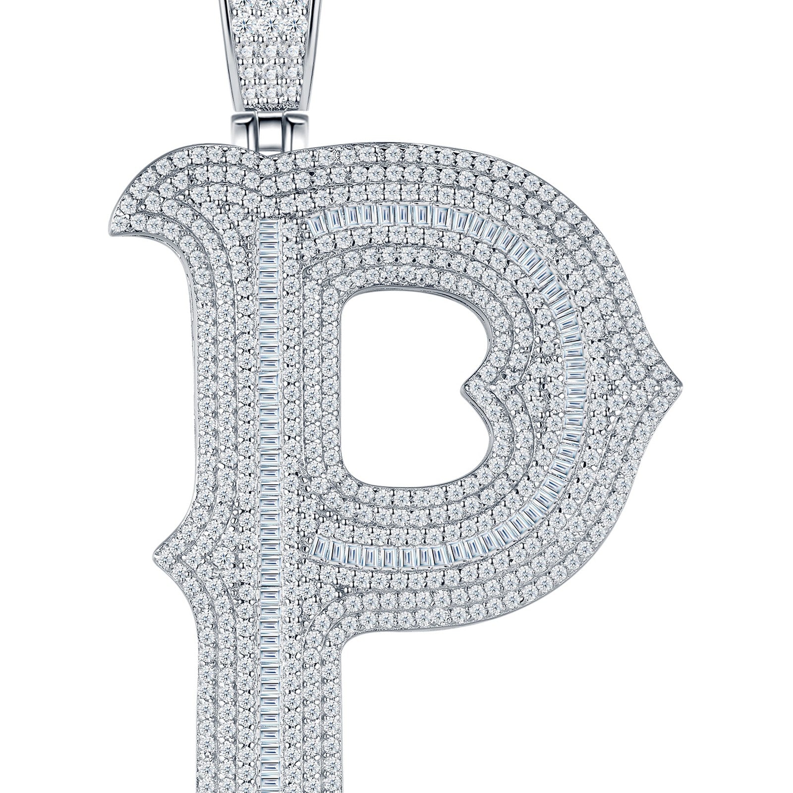 Initial P Moissanite Iced Letter Pendant Necklace in Sterling Silver — detail