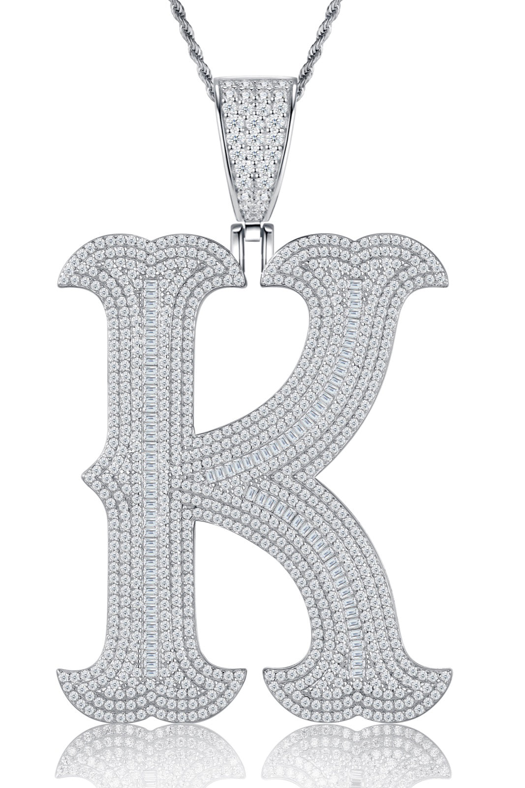 Initial K Moissanite Iced Letter Pendant Necklace in Sterling Silver