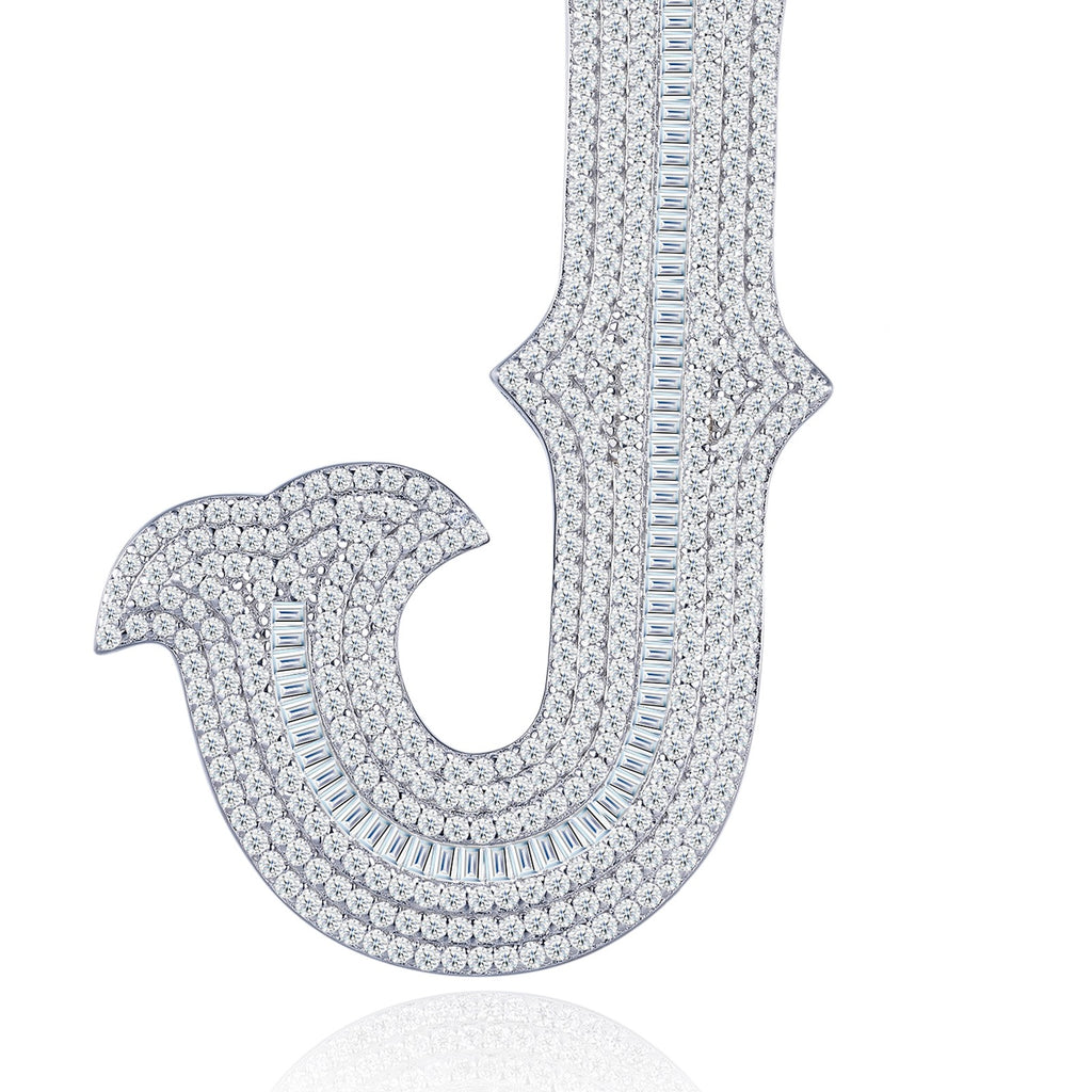 Initial J Moissanite Iced Letter Pendant Necklace in Sterling Silver — detail
